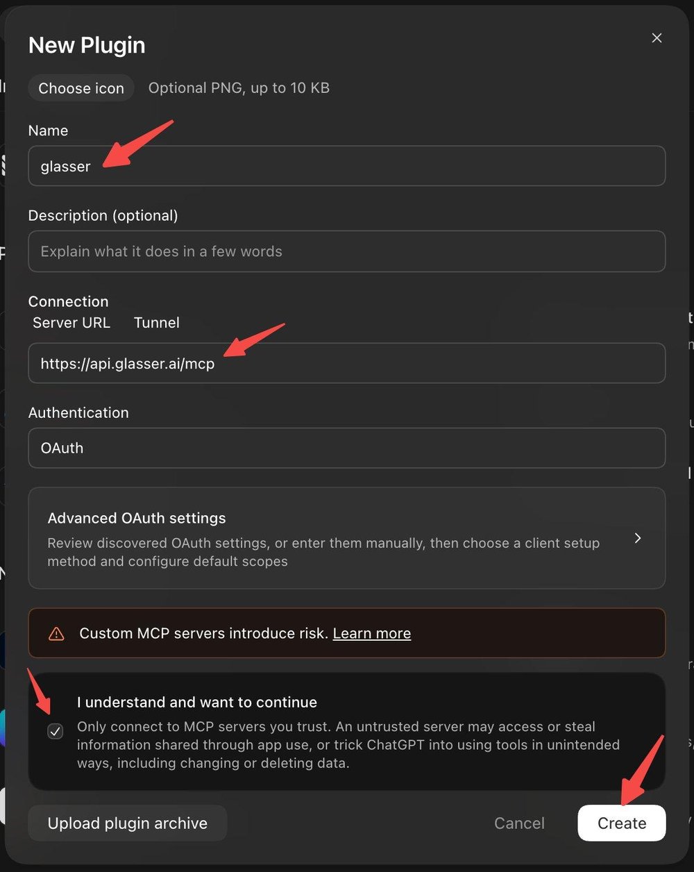 Dark New Plugin dialog with name “glasser,” server URL “https://api.glasser.ai/mcp,” OAuth authentication, and red arrows marking fields and the Create button.