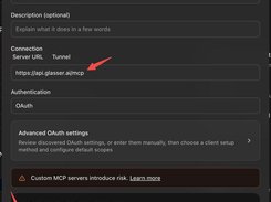 Dark New Plugin dialog with name “glasser,” server URL “https://api.glasser.ai/mcp,” OAuth authentication, and red arrows marking fields and the Create button.