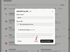 Light Add MCP by URL dialog with server name “glasser,” server URL “https://api.glasser.ai/mcp,” and a Save button marked by a red arrow.
