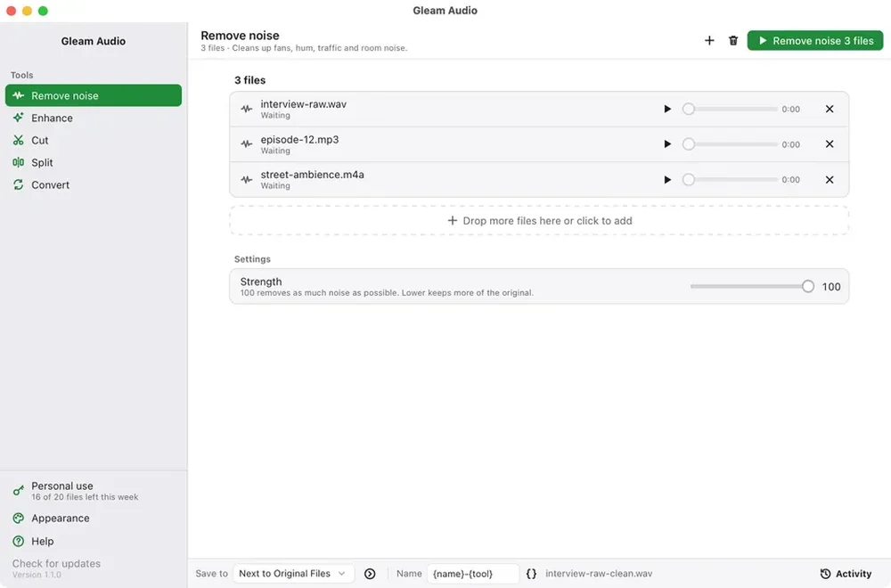 Gleam Audio desktop app in a light theme showing the Remove noise tool, three queued audio files, and a strength slider.