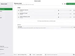 Gleam Audio desktop app in a light theme showing the Remove noise tool, three queued audio files, and a strength slider.