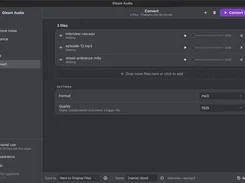 Gleam Audio desktop app in a dark theme showing the Convert tool with three queued files and format and quality dropdowns.