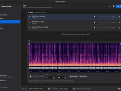 Gleam Audio desktop app in a dark theme showing the Cut tool, three queued audio files, and a large spectrogram and waveform editor.
