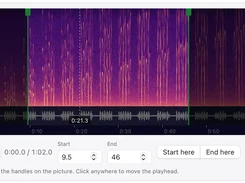 Close view of an audio-cutting interface with a purple spectrogram, waveform, draggable selection boundaries, playback control, and start and end fields.