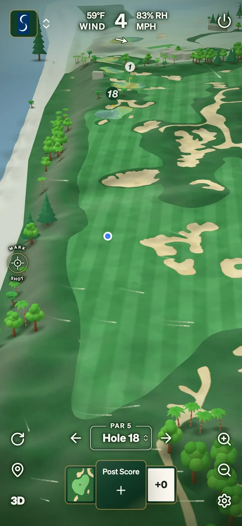 GolfCore 3D course-map screen showing hole 18, fairway and bunker terrain, a player location marker, weather, zoom controls, and a Post Score button.
