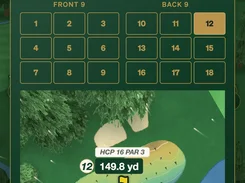 GolfCore golf-course map screen showing a scorecard overlay, hole selection, wind conditions, and a 2D map of hole 12.