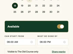 GolfCore mobile work screen for The Old Course showing an October 2026 availability calendar and working-hours controls.
