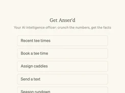 GolfCore mobile Answers screen for Pebble Beach with suggested questions about tee times, caddies, texts, and season summaries.