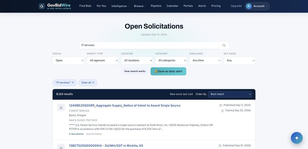 Search 24,670+ open federal, state, and local government bids by keyword, agency, category, and location