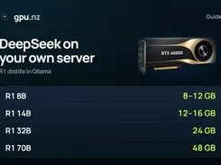 gpu.nz guide graphic titled “DeepSeek on your own server,” listing R1 model sizes and GPU-memory requirements beside an RTX A6000 render.