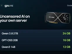 gpu.nz guide graphic titled “Uncensored AI on your own server,” listing Qwen 3.8 27B, GPT-OSS 20B, and Qwen3 14B with memory amounts.