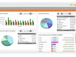 GranMoney business-management dashboard showing revenue and expense bar charts, financial-entry pie charts, payment-method totals, and effective income and expense rows.