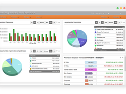 GranMoney business-management dashboard showing revenue and expense bar charts, financial-entry pie charts, payment-method totals, and effective income and expense rows.