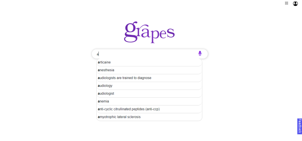 Grapes search interface with the letter “a” entered and a dropdown of medical search suggestions including articaine, anesthesia, audiology, and anemia.