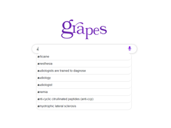 Grapes search interface with the letter “a” entered and a dropdown of medical search suggestions including articaine, anesthesia, audiology, and anemia.