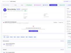 Candidate Database & Boolean Sourcing: High-performance candidate management with multi-operator Boolean search, AI match scores, skills tags, and resume preview badges.