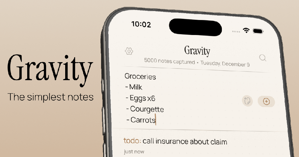 Promotional image showing the Gravity notes app open on an iPhone, with a grocery list and a to-do note visible.