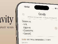 Promotional image showing the Gravity notes app open on an iPhone, with a grocery list and a to-do note visible.