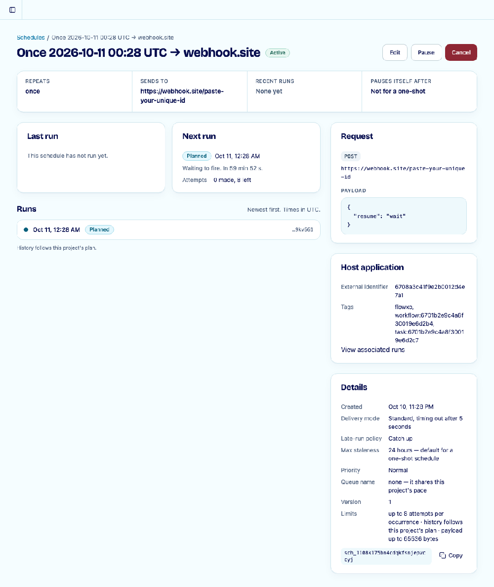GreatWait schedule detail page for a planned one-time webhook POST, with request payload, next-run status, host application metadata, and configuration details.