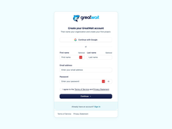 GreatWait account creation form with Google sign-in, name, email, password, and terms controls.