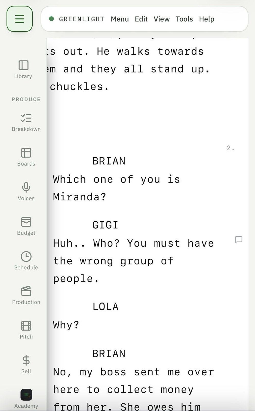 GREENLIGHT screenplay editor displaying script dialogue for BRIAN, GIGI, and LOLA, with production tools in the left sidebar.