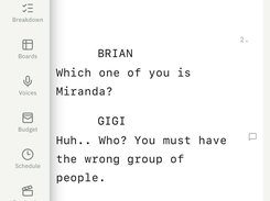 GREENLIGHT screenplay editor displaying script dialogue for BRIAN, GIGI, and LOLA, with production tools in the left sidebar.