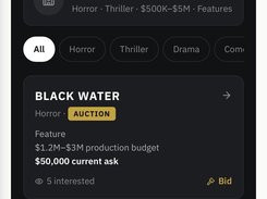 Dark-themed GREENLIGHT Buyer Portal demo listing film projects including BLACK WATER and THE LAST SIGNAL, with genres, budget ranges, current asks, interest counts, and Bid actions.