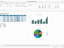 Spreadsheet application window showing a Quarterly Sales Dashboard with a regional revenue table, a bar chart, and a pie chart.