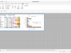 Spreadsheet application in page-break preview showing a monthly budget table and bar chart across pages labeled Page 1 and Page 2.