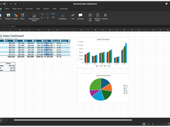 Dark-themed spreadsheet application window showing a Quarterly Sales Dashboard with regional revenue charts.