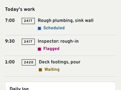 Groundflag mobile Today screen showing weather, a Clock in button, scheduled work items, job numbers, and a daily log prompt.