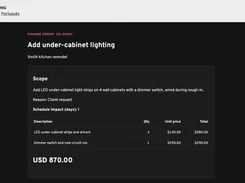 Client-facing change order page for adding under-cabinet lighting, with scope details, quantities, unit prices, and a USD 870.00 total.