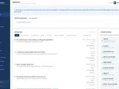 Groundskeeper web dashboard showing an activity feed, connector health status, an Ask Groundskeeper prompt, and a navigation sidebar for monitoring, reports, alerts, and settings.