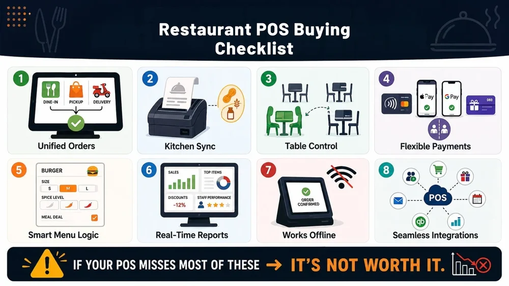 Infographic titled “Restaurant POS Buying Checklist” listing unified orders, kitchen sync, table control, flexible payments, menu logic, reports, offline operation, and integrations.