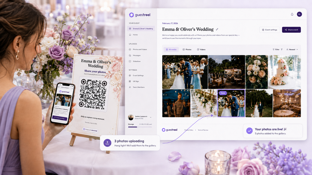 Guests scan a QR code, upload, and GuestReel organizes everything in one gallery.