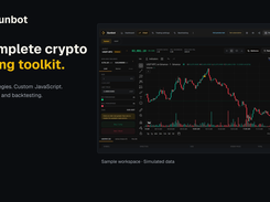 A complete crypto trading toolkit: built-in strategies, custom JavaScript, spot, futures and backtesting. Gunbot Live preview workspace. Market data, orders and results are simulated.