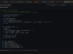 Custom JavaScript editor with sample strategy code. Gunbot Live preview workspace. Market data, orders and results are simulated.