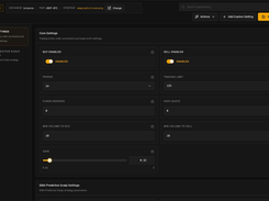 Strategy settings and trading parameters. Gunbot Live preview workspace. Market data, orders and results are simulated.