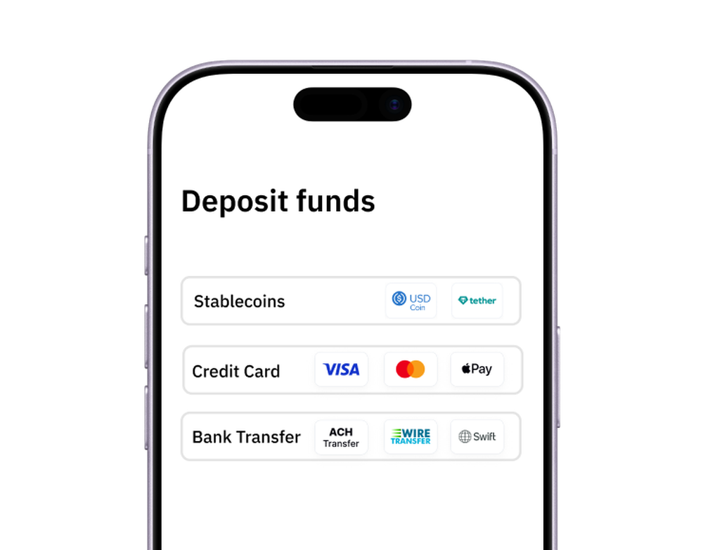 A phone screen titled “Deposit funds” listing stablecoin, credit card, and bank-transfer funding methods.