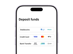 A phone screen titled “Deposit funds” listing stablecoin, credit card, and bank-transfer funding methods.