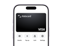 A phone screen showing a black Halocard Visa card and controls for Details, Top up, Lock, and Settings.