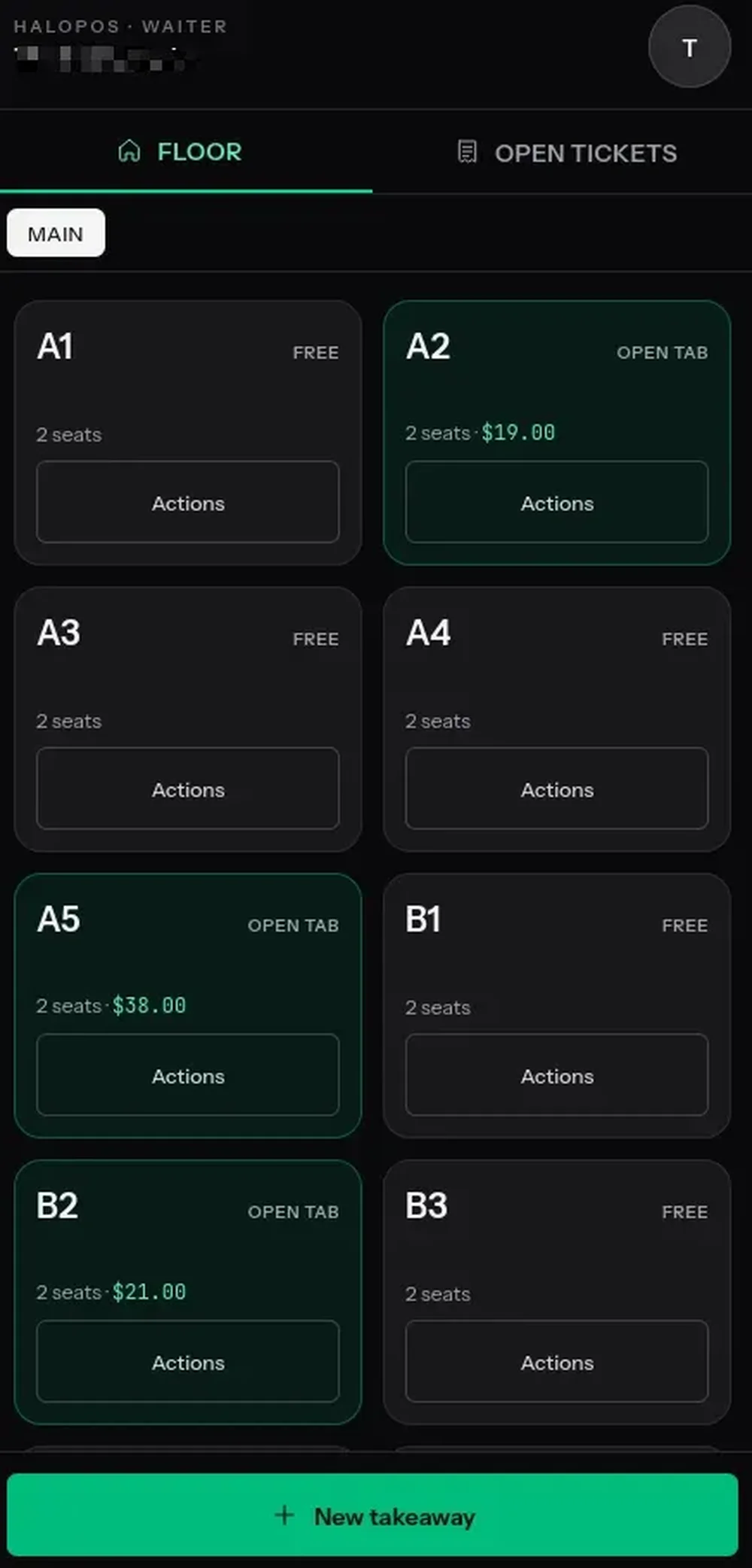 HaloPOS waiter floor view showing table cards A1 through B3, open-tab amounts, and a New takeaway button.