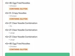 HaloPOS KDS screen displaying a critical takeaway kitchen order with noodle items, gluten warnings, and a Bump KOT button.