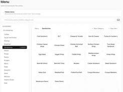 HaloPOS Menu management page with sandwich categories, item tiles, a search field, and New Category and New Item controls.