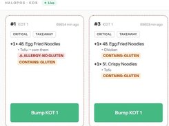 HaloPOS KDS screen showing two critical takeaway tickets with noodle items, allergy labels, gluten warnings, and Bump KOT buttons.
