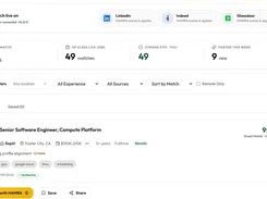 HAMRA job-search dashboard with LinkedIn, Indeed, and Glassdoor connections, job-match metrics, filters, and a Senior Software Engineer listing.
