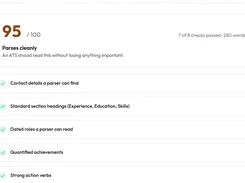 Resume-analysis interface showing a 95 out of 100 parsing score and checked ATS-readiness criteria.