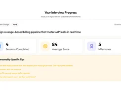 HAMRA interview-progress dashboard showing a system-design question, completed sessions, average score, milestones, and personality-specific tips.