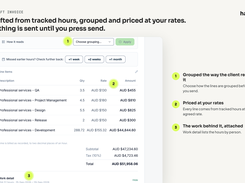 Draft invoice built from tracked hours, grouped and priced at your rates. Nothing is sent until you press send.