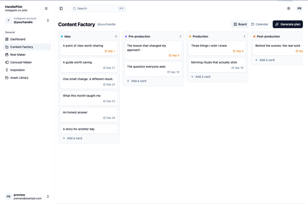 HandlePilot's Content Factory board shows content cards organized into Idea, Pre-production, Production, and Post-production columns, with navigation for Dashboard, Reel Maker, Carousel Maker, Inspiration, and Asset Library.